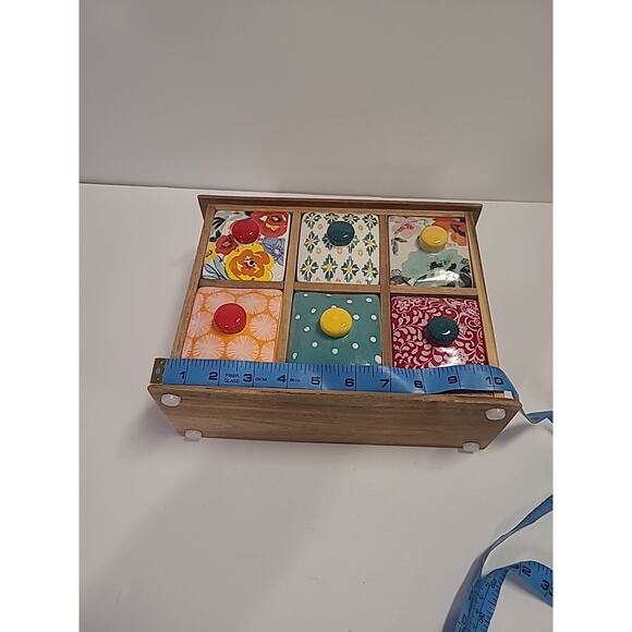 Pioneer Woman Ceramic Floral 6-Drawer Spice Tea Box Holder -Natural Wood - Picture 10 of 12